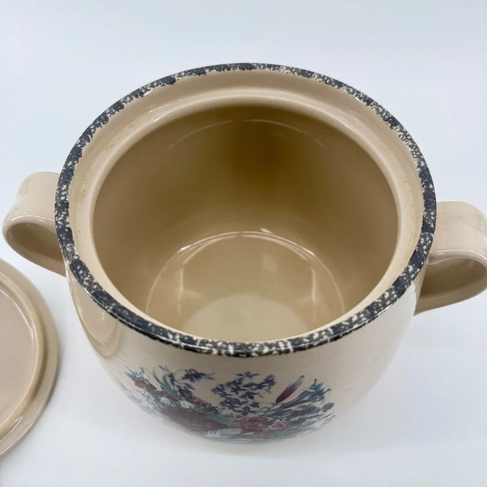 Home & Garden Party Bean Pot Floral Stoneware Cream Lidded Crock 2005